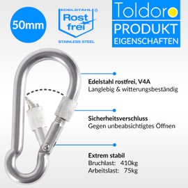 Toldoro® Niro AISI 316 V4A Stainless Steel Carabiner with Screw Cap 50 mm Rustproof / Small Carabiner Hook for Swing, Hammock or Sun Sail / Screw Carabiner Set