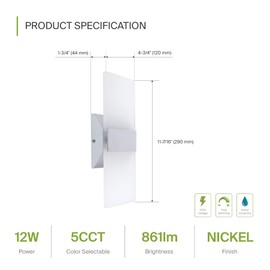 ASD 12 Inch LED Indoor Wall Sconce - Modern Interior 12W 2700K-5000K Adjustable Dimmable Wall Mounted Light Fixtures, Acrylic Glass Wall Lights for Stairway, Hallway - UL, Brushed Nickel
