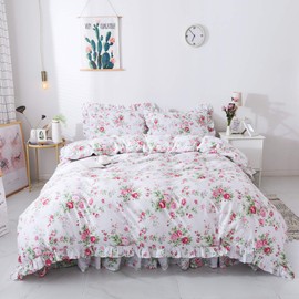 FADFAY Duvet Cover Sets Full Farmhouse Bedding Bulgaria Rose Printed with Bedskirt 100% Cotton Hypoallergenic with Hidden Zipper Closure, Full Size 4-Pieces