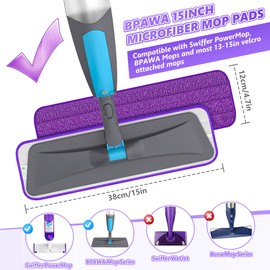 BPAWA 4X Reusable Mop Pads Compatible with Swiffer PowerMop, 15" Microfiber Power Mop Replacement Refills Spray Mop Pads Floor Mop Heads Washable Power Mop Pad Dry Wet Mopping Pads for Floor Cleaning