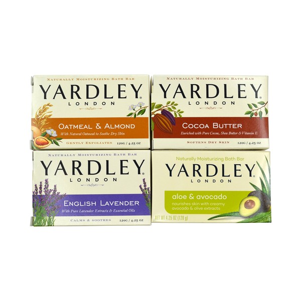 Yardley London Soap Bath Bar Bundle - 4 Bars: Cocoa Butter, Oatmeal & Almond, Aloe & Avocado, English Lavender 4.25 Oz Bars (Pack of 4, One of Each)