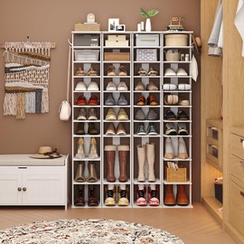 HOMEFORT 10-Tier Vertical Shoe Rack, Corner Shoe Tower, Slim Shoe Organizer with Two Hanging Hooks, Wooden Shoe Storage Stand for Entryway, Hallway, Closet (White)