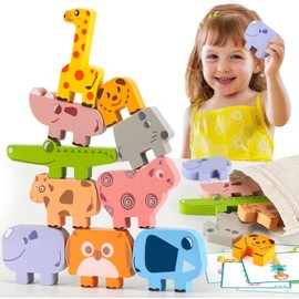 KOSMOX Juguete Montessori de Madera – Juego de Apilamiento de Animales 10 Piezas con Tarjetas Educativas | Bloques para Niños de 2 a 4 Años | Desarrollo de Habilidades y Regalo Ideal