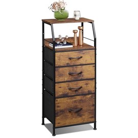 WLIVE Tall Nightstand with 4 Fabric Drawers & Open Shelf, Bedside Table for Bedroom, Modern Tall Dresser, Rustic Brown Wood Grain
