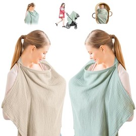 2pcs Cubierta de Lactancia Materna,Poncho de Delantal de Enfermera,Funda de Lactancia Transpirable 100% Algodón,con Bandolera Ajustable,Manta para Amamantar de Privacidad para Lactancia Sobre Marcha (caqui y verde)