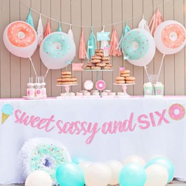 Sursurprise Sweet Sassy and Six Birthday Banner, Donut Ice Cream Candy 6th Birthday Party Supplies for Girls