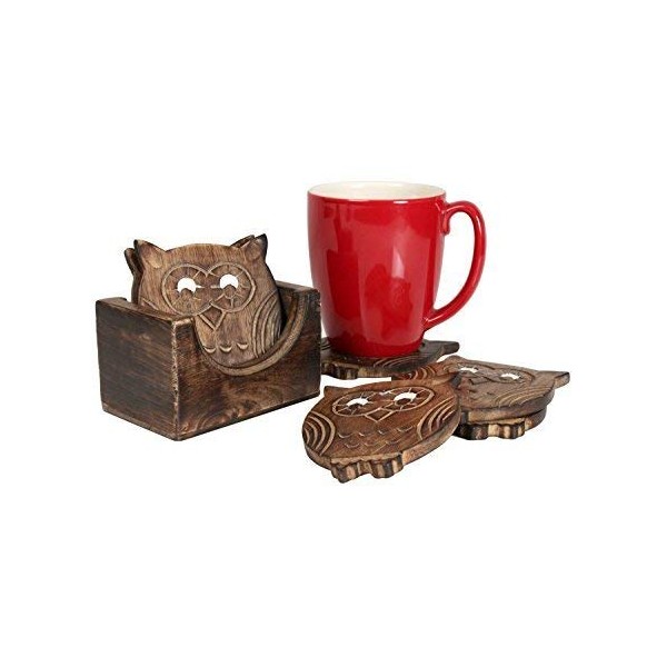 STORE INDYA Set of 6 Wooden Owl Shaped Drink Coasters