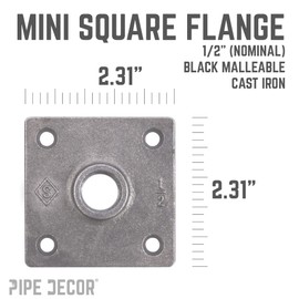 1/2" Square Mini Flange Fitting, PIPE DECOR Black Malleable Iron Fittings Fit Standard 1/2 Inch Pipes, Nipples and Fittings, Build Vintage DIY Furniture, 4 Pack