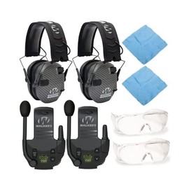 Walker's Razor Slim Electronic Muff (Carbon, 2-Pack) with Walkie-Talkie Attachments (2-Pack), Shooting Glasses (2-Pack) and Cleaning Cloths (2-Pack) Bundle (8 Items)