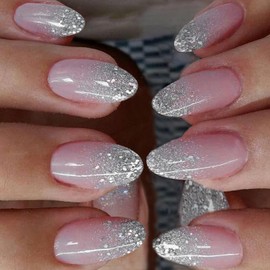 IQXGE Pink Acrylic Press on Nails Almond Medium Acrylic Nails Press Ons Full Cover Glue on Fake Nail with Silver Glitter Designs Artificial Stick on False Nail for Women and Girls