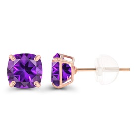 14K Rose Gold Plated Sterling Silver 6mm Cushion Natural Purple Amethyst February Birthstone Genuine Stud Earrings For Women