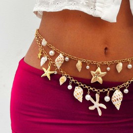 ELABEST Layered Seashell Belt Shell Body Chain Starfish Waist Chain Bikini Beach Belly Chains for Women