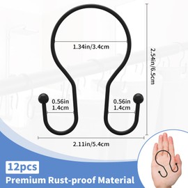 12 Pack Black Shower Curtain Hooks Double Sided, Rust Proof Metal Shower Hooks for Shower Curtain, Smooth Gliding Double Shower Curtain Rings for Bathroom, Matte Black Shower Rod Hooks