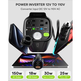 150W Car Power Inverter, 12V DC to 110V AC Car Plug Adapter Outlet Converter, with 2 AC Outlets, A 18W USB A and Dual 30W PD Car Charger, for Laptop Computer - Black