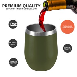 FristChoice 12 oz Insulated Wine Tumbler with Lid and Straw,Stainless Steel Stemless Wine Tumbler Glasses Double Wall Vacuum Wine Cups Tumbler for Coffee,Cocktail,Office（Navy Green,1）