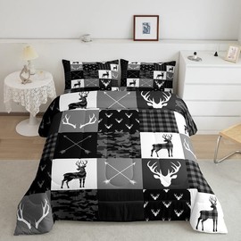 Camo Deer Comforter Set King Size,Western Rustic Farmhouse Xmas Bedding Set,Kids Boys Girls Room Decor,Antlers Arrows Geometric Plaids Comforter,Black Grey Retro Duvet Insert,3pcs,2 Pillowcases