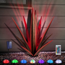 KODIBO Large Tequila Rustic Sculpture, Rustic Metal Agave Plants for Outdoor Patio Yard, Home Decor Hand Painted Metal Agave Garden Yard Statue, Outdoor Lawn Ornaments (Red - L (W/Solar Light))