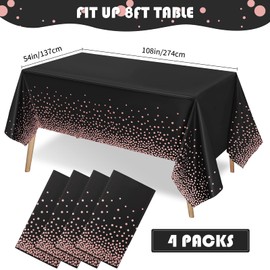 Plastic Tablecloth for Parties Disposable Gold Stamping Dot Confetti 108 x 54 Inch Plastic Tablecloth for Birthday Party Wedding Dinner Decors Rectangle Tabless(Black, Rose Gold,4 Packs)