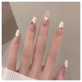 Crymystal Square Press on Nails Solid French Medium Full Cover Fake Nails Sequins Design Artificial Acrylic Heart False Nails for Women DIY Autumn And Winter Nail Decorations 24PCS