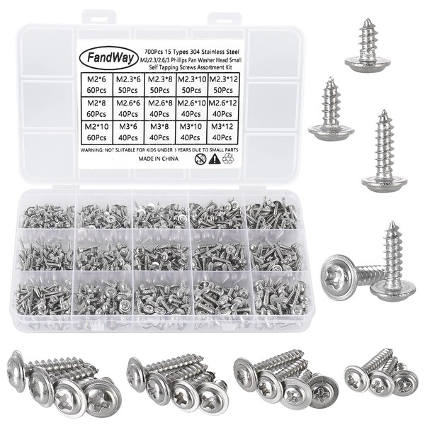 FandWay 700Pcs Phillips Pan Head With Washer Self-Tapping Screws, M2 /M2.3/M2.6/M3 304 Stainless Wafer Head Tapper Screws,Truss Head Screws Assortment Set with Storage Box.