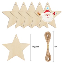 DLUSZERT 72Pcs Christmas Wooden Star Ornaments for Crafts, 7CM Unfinished Wooden Stars Embellishments with Hole, Wooden Christmas Star with 10M String, Blank Hanging Star for Christmas Tree Decoration