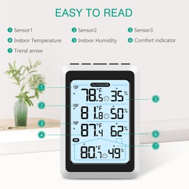 ORIA Digital Thermometer Hygrometer, Wireless Indoor/Outdoor Temperature & Humidity Monitor with 3 Remote Sensors, Backlit Display, Comfort Icon, Min/Max Records, for Home, Garden, Patio, Cellar