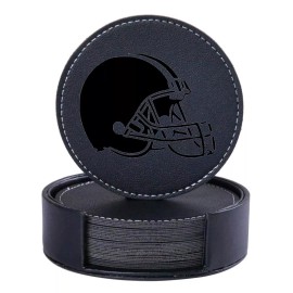 Unbranded CUSTOM BROWNS ENGRAVED BLACK LEATHER COASTERS WITH LEATHER HOLDER *SET OF 8*
