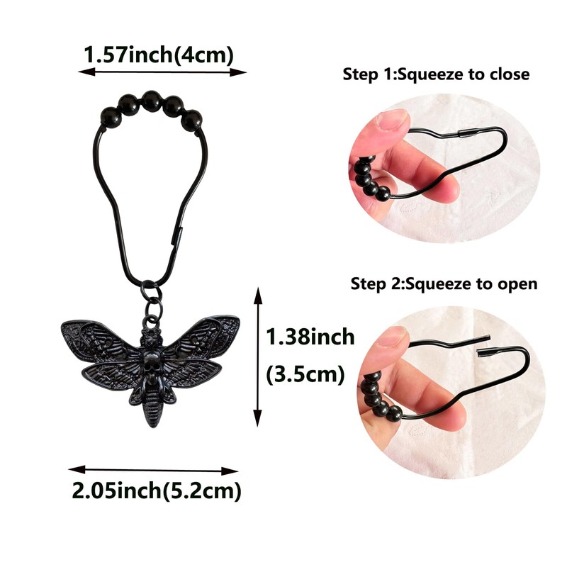 Moth Shower Curtain Hooks,12 Pcs Black Death Moth Skull Shower