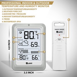 Wireless Weather Stations, with 330ft Range Sensor and Adjustable Backlight Inside Outside Monitor (White)