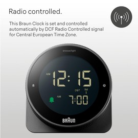 Braun digitaler Funkwecker für die mitteleuropäische Zeitzone (DCF) mit Schlummerfunktion, umgekehrtem LCD-Display, drehbarer Lünette für schnelle Zeiteinstellung, Schwarz, BC24B-DCF.