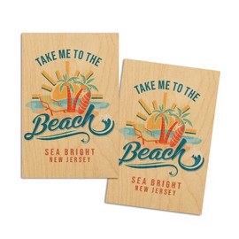 Sea Bright, New Jersey, Take me to the Beach, Beach Scene (4x6 Birch Wood Postcards, 2-Pack Stationary, Rustic Home Wall Decor)