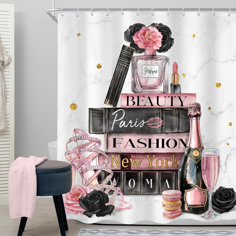Cinbloo Fashion Black Pink Shower Curtain 60Wx72H Flower Perfume Girls