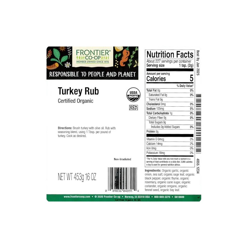 Frontier Bulk Turkey Rub Cert. Org, 1 Pound