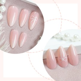 24pcs French Press on Nails Medium Almond Fake Nails with Gradient Designs Bow False Nails Pearl Stick on Nails French Acrylic Nails Kit Full Cover Glue on Nails for Women Nail Decoration