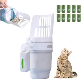 PoshPetique Cat Litter Scooper with Holder, Cat Poop Shovel with Waste Container and Refill 150 Bags(10 Boxes of 15 Bags), Integrated Detachable Large Capacity Cat Litter Scoop with Bags (Grey)