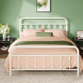 Allewie 14 Inches Full Size Metal Platform Bed Frame with Victorian Style Iron-Art Headboard/Footboard, Mattress Foundation, Easy Assembly, Under Bed Storage, No Box Spring Required, White