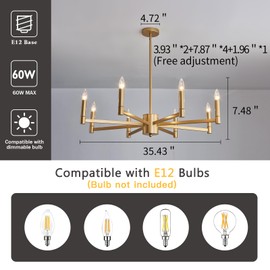 ASGYISA 8-Light Gold Candle Chandeliers Modern Farmhouse Ceiling Light Fixture Industrial Lighting for Dining Room Living Room Bedroom Kitchen Island Foyer