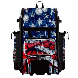 Boombah Rolling Catchers Superpack Bat Bag - 23-1/2" x 13-1/2" x 9-1/2" - Telescopic Handle - Holds 4 Bats - Wheeled Version - USA Baseball Ball Park Black/Royal Blue/Red