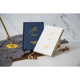 His and Her Vow Books (Set of 2) - Navy & White Hard Cover Gold Embossed Notebook Journal Diary for Nuptial Wedding Cerenomy Vow Renewal / Engagement Gift for Newly Engaged Couples at Bridal Shower