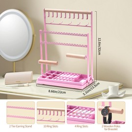 Jewellery Stand, Jewellery Holder, Chain Holder Made of Wood and Metal, Jewellery Chain Organiser Stand with Removable Storage Base, for Necklaces, Bracelets, Earrings, Rings, Gift Idea, Pink