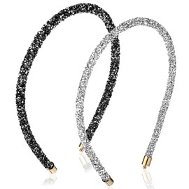 2Pcs Rhinestone Headband, Sparkly Crystal Headband for Women Girls Glitter Diamond Headbands Bling Hair Styling Accessories for Wedding Birthday Party (Black and White)