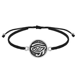 AeraVida Circle Eye of Horus .925 Sterling Silver Charm on Black Adjustable Bracelet,Elegant Sterling Silver Adjustable Bracelet,Trendy Adjustable Bracelet for Women, Metal, silver-sterling