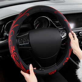 Red Embroidery Butterfly Car Steering Wheel Cover,14.5-15 Inch Universal Leather Covers Breathable Anti-Slip Odorless Steering Wheels Accessories for Men Women