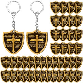 Sureio Christian Keychains for Men Bulk Fathers Day Gifts for Church Put on the Whole Armor of God Acrylic Keychain Dog Tag(48 Pcs,Ephesians 6:16-17)