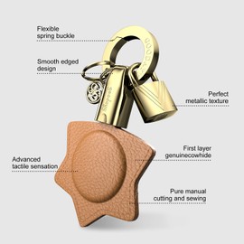 GOODAYY AirTag Key Ring Holder, Genuine Leather Resistant AirTag Case, Protective AirTag Key Chain Accessory for Keys, Luggage, Handbags, Pet Dog Cat Collar Tracker (Star-Brown-Gold)