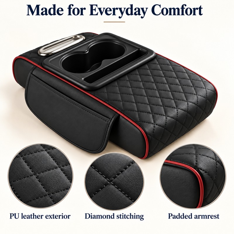 Auto Center Console Armrest Cushion With 2 Cup Holder PU
