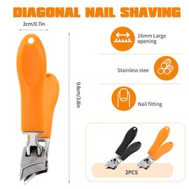 2 Pcs Edgy Nail Clipper Wide Jaw Opening Anti-Splash Slanted Clippers Angled Curved Toe for Thick Toenails for Seniors Men and Women(Black+Orange)
