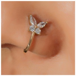 Cybche Boho CZ Butterfly Clip On Nose Ring Gold Rhinestone Butterfly Nose Ring Crystal Butterfly Fake Septum Ring U-shaped Clip On Nose Stud Nose Ring Hoop Jewellery for Women, Stainless Steel