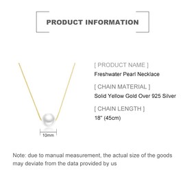 Solid 18K Yellow Gold Over 925 Silver Pearl Necklace for Women,Dainty Freshwater Cultured White Pearl Pendant Necklace,Fashion Jewelry Gift for Her (Yellow Gold, 18K Gold)
