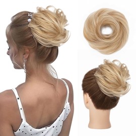S-noilite Human Hair Messy Bun Hair Piece Chignon Updo Scrunchies 100% Real Straight Ash Blonde Highlights Hair Bun Extensions for Women Elegant Donot Bun Hairpiece with Elastic Band 25g
